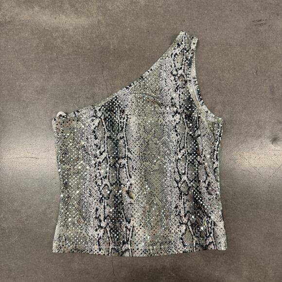 Vintage Y2K Silver Snake Skin Sequin 90's Made In USA Asymmetrical Tank Top L - Picture 1 of 5